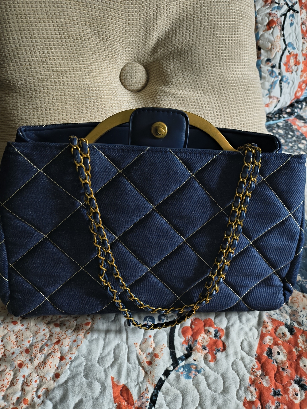 Quilted Dark Denim Chain-Handle Women's Handbag
